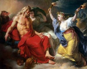 Demeter pleading to Zeus after Persephone's abduction.