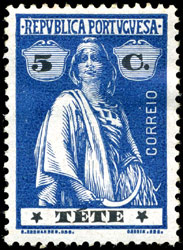 Stamp featuring Demeter with agricultural tools, representing the Tete colony.