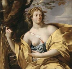 Demeter, radiant as the goddess of harvests.