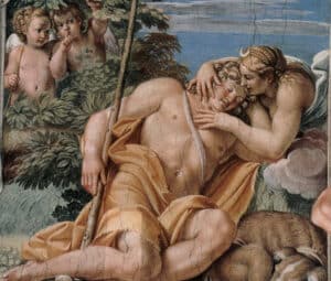 Close-up of Artemis with Endymion, the shepherd