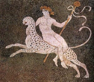 Dionysus with thyrsos, majestically riding a panther