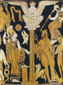 Etruscan krater showing Athena and Poseidon's dispute at the Louvre