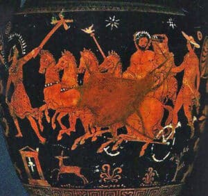 Hades and Persephone on a chariot journey to the Underworld with Hermes