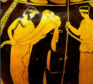 Hades offering seeds to Demeter for earth's vegetation