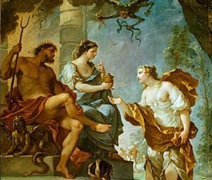 Hades with Persephone, presenting elixir to Psyche