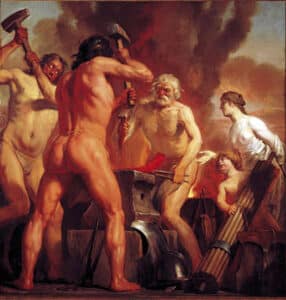 Venus and Cupid visiting Hephaestus's smithy.