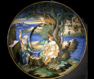 Ceramic plate depicting Venus, Hephaestus, and Cupid.