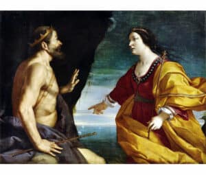 Hera and King Aeolus outside the Cave of Winds.