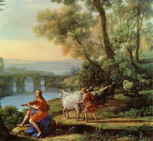 Hermes guiding Apollo's herds in a serene landscape