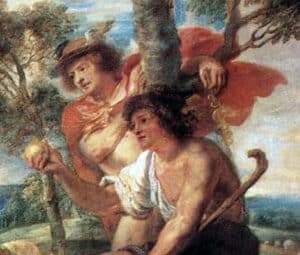 Hermes aiding Paris in his apple decision
