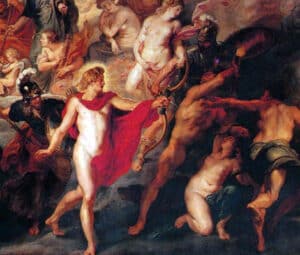 The Council of the Gods Detail of Apollo combating the Vices with Minerva (Athena) Painting by Peter Paul Rubens