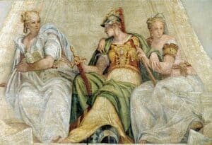 Athena positioned between symbols of Geometry and Arithmetic