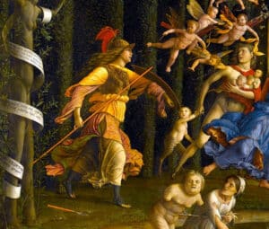 Athena driving away vices from a garden symbolizing virtue