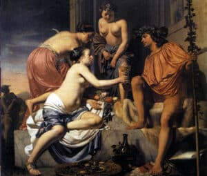 Nymphs presenting offerings to young Dionysus