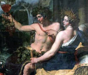Demeter and Dionysus depicted, emphasizing the importance of sustenance to love.
