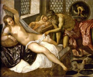 Hephaestus discovering Venus's affair as Mars hides.