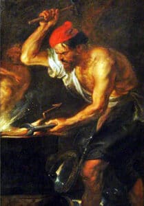 Hephaestus forging thunderbolts for Zeus.