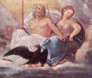 Hera and Zeus observing Mercury and Apollo from a cloud.