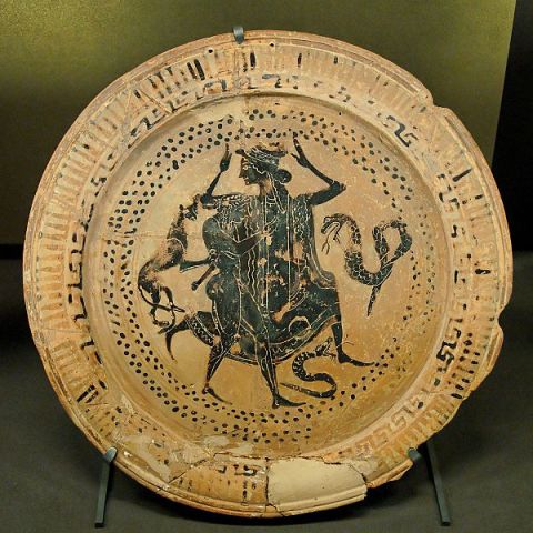 Peleus makes off with his prize bride Thetis, who has vainly assumed animal forms to escape him: Boeotian black-figure dish, ca. 500 BC–475 BC