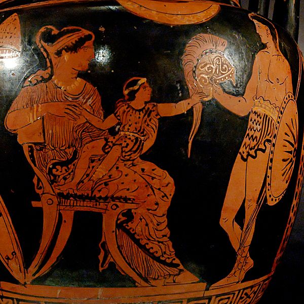 Hector's last visit with his wife, Andromache, and infant son Astyanax, startled by his father's helmet (Apulian red-figure vase, 370–360 BC)