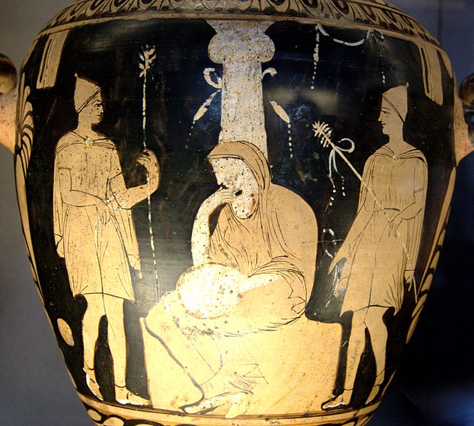 Orestes, Elektra, and Pylades at the tomb of Agamemnon - Campanian red-figure hydria, c. 330 BC
