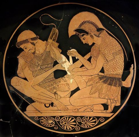 A cup depicting Achilles bandaging Patroclus' arm, by the Sosias Painter.