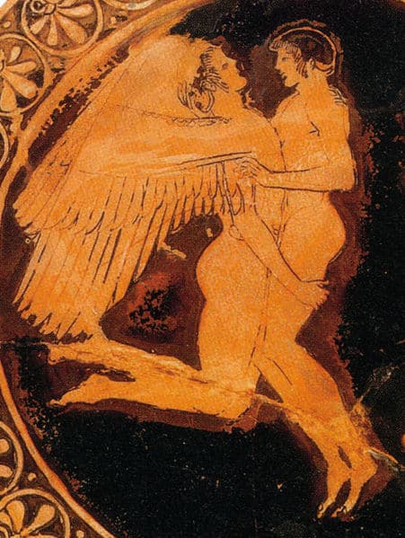 Zephyrus and Hyacinth; Attic red-figure cup from Tarquinia, c. 480 BCE. Museum of Fine Arts, Boston