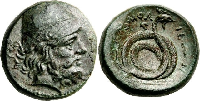 Thessaly, Homolion, 350 BC. Tetrachalkon (Bronze, 21mm, 9.24 g 3). Bearded head of Philoktetes to right, wearing conical pilos. Rev. ΟΜΟΛ-ΙΕΩΝ Serpent coiled to right; behind head, small bunch of grapes.