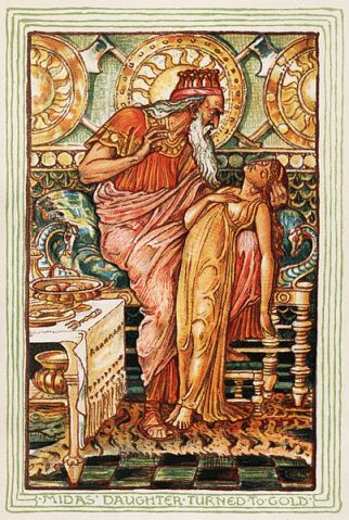 In the Nathaniel Hawthorne version of the Midas myth, Midas' daughter turns to a golden statue when he touches her (illustration by Walter Crane for the 1893 edition)