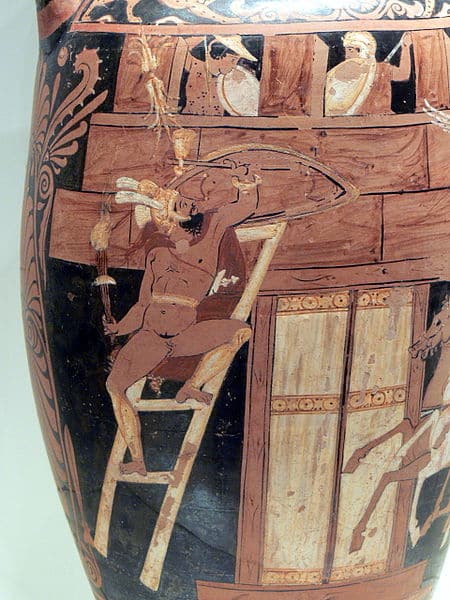 A scene from the war of the Seven against Thebes: Capaneus scales the city wall of Thebes, Campanian red-figure neck-amphora attributed to the Caivano Painter, ca. 340 BC, J. Paul Getty Museum (92.AE.86).