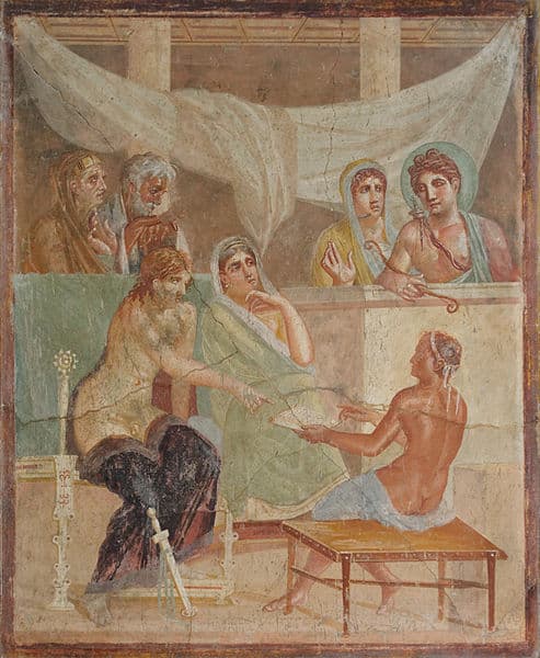 Alcestis and Admetus, ancient Roman fresco (45–79 CE.) from the House of the Tragic Poet, Pompeii, Italy