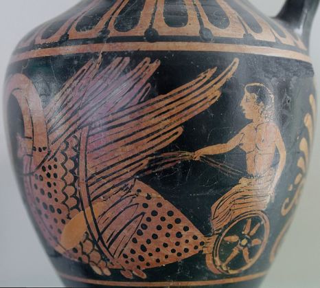 Hyacinthus meeting Apollo (not shown) in a biga drawn by swans, Etruscan oinochoe (circa 370 BCE)