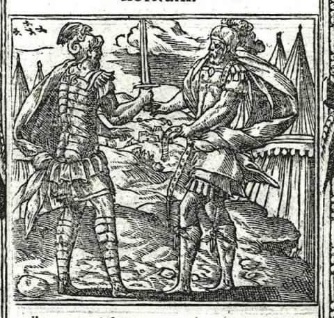 Ajax and Hector exchange gifts (woodcut in Andreas Alciatus, Emblematum libellus, 1591).