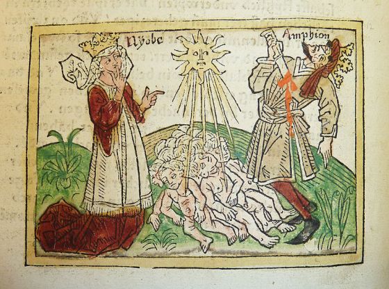 Woodcut illustration of Niobe, Amphion and their dead sons, ca. 1474 – Penn Provenance Project