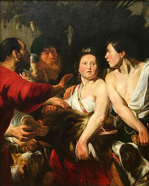 Atalanta's uncles try to rob her of the boar's head she received from Melager