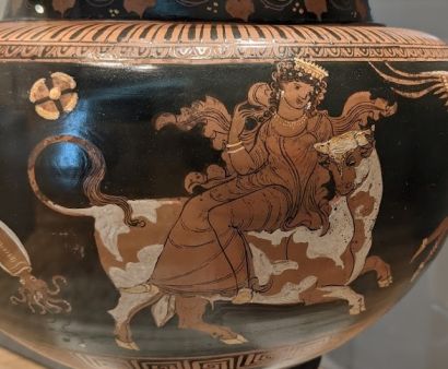 Scene of Zeus in the form of a bull abducting Europa from an Apulian red-figure dinos, dating c. 370 – c. 330 BCE, now held in the Eskenazi Museum of Art