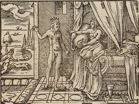 Ceyx/Morpheus appears to Alcyone. Engraving by Virgil Solis for Ovid's Metamorphoses