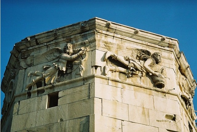 Tower of the Winds in ancient Athens, part of the frieze depicting the Greek wind gods Boreas (north wind, on the left) and Skiron (northwesterly wind, on the right)