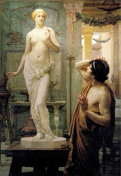 This painting, Pygmalion and Galatea by Jean-Léon Gérôme, depicts the moment in Greek mythology when the sculptor Pygmalion's creation, the statue of Galatea, comes to life. Pygmalion, seen in awe and amazement, raises his hands in disbelief as the once-marble figure of Galatea transforms into a living woman. Galatea stands on her pedestal, her body still draped in part of her sculpted garments, exuding grace and beauty as she awakens. The scene captures the magical and emotional moment of divine intervention, where love and artistry blur, embodying the myth of creation and transformation.