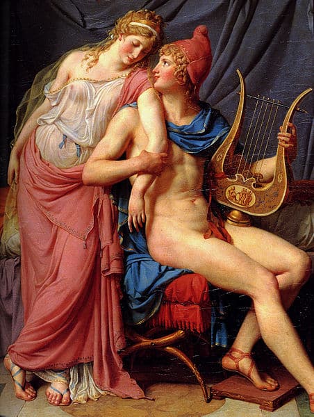This painting, Helen and Paris by Jacques-Louis David, illustrates a tender and intimate moment between Helen of Troy and Paris, whose love famously sparked the Trojan War. Paris, seated with a lyre on his lap, gazes at Helen, while she affectionately leans toward him, their bodies close in a sensual embrace. Helen’s flowing garments and gentle posture highlight her beauty and allure, while Paris is depicted as youthful and relaxed, a romantic figure from classical mythology.