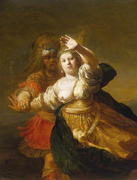 The image is a painting by Nicolaes Knüpfer titled Hercules Obtaining the Girdle of Hippolyta. It depicts a scene from Greek mythology where Hercules is sent to retrieve the girdle of Hippolyta, the Amazonian queen. In this portrayal, Hercules is shown restraining Hippolyta, with the figures positioned dynamically as they struggle. The painting emphasizes dramatic movement, rich color, and detailed expressions, typical of Knüpfer's Baroque style. The focus is on the physical and emotional tension between the characters.