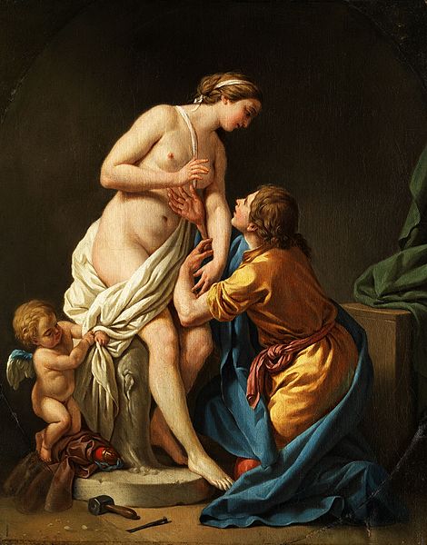 This painting, Pygmalion and Galatea by Louis-Jean-François Lagrenée, illustrates the mythological moment when Pygmalion’s statue, Galatea, is brought to life. Pygmalion, kneeling in awe, tenderly touches Galatea as she begins to transform from marble to flesh. Cupid, the god of love, stands beside them, symbolizing the divine intervention that allows this miracle to occur. The scene is filled with warmth and tenderness, capturing the emotional connection between creator and creation. The use of soft lighting and vibrant colors emphasizes the romantic and magical nature of the myth, celebrating the power of love and art.