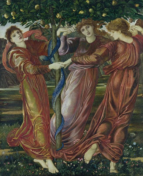 The Hesperides dancing around an apple tree with gold apples.