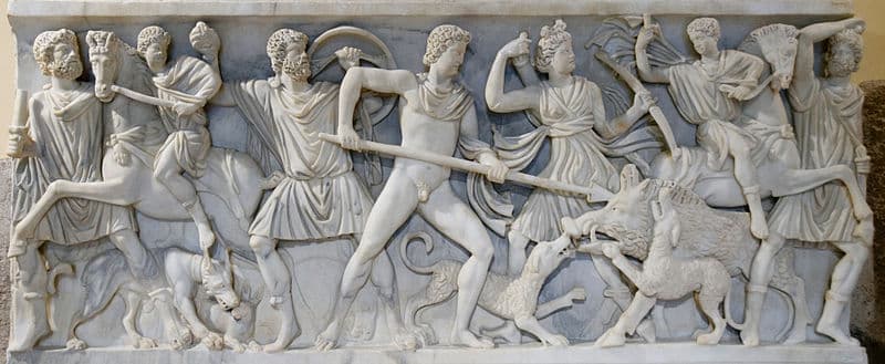 Sarcophagus with the Calydonian hunt, representing the hero Meleager and the goddess Artemis. Proconnesian marble, Roman artwork.