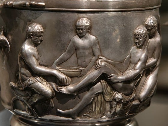 Philoctetes washes his feet after having been bitten by a snake. Silver cup made in Capua, south Italy, in the early 1st century AD.