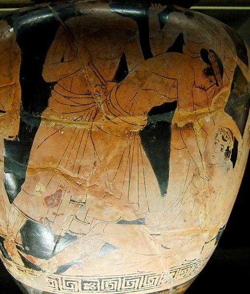 Philoctetes, wounded, is abandoned by the Greek expedition en route to Troy, detail of an Attic red-figure stamnos, ca. 460 BC.