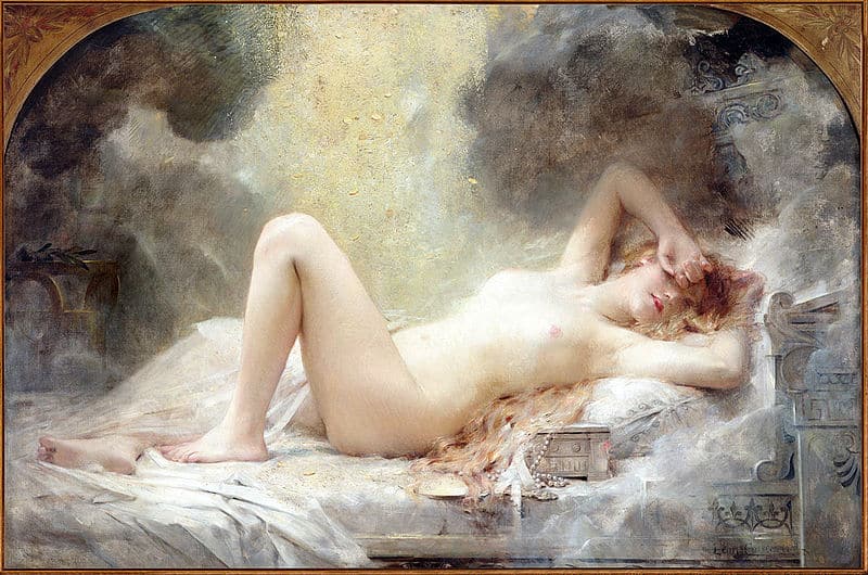 This painting, Danaë and the Shower of Gold by Léon-François Comerre, portrays the mythological figure Danaë in a sensual, reclining pose. Bathed in soft, glowing light, she appears to be in a dreamy state, with her arm shielding her face and her body relaxed. The golden shower, which represents the god Zeus visiting her in the form of golden rain, gently cascades from the top of the painting, illuminating the scene with divine light. The soft, delicate brushstrokes and ethereal atmosphere contribute to the painting’s romantic and mythological theme.