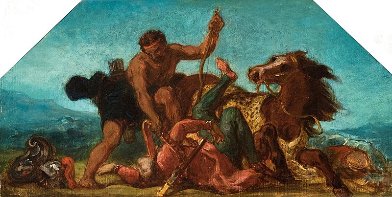 The image is a painting by Eugène Delacroix, titled Hercules and Hippolyta. It shows a dramatic struggle where Hercules, the muscular figure, overpowers Hippolyta, the queen of the Amazons. The dynamic composition captures the intensity of the mythological fight, with a fallen horse in the background and rich, vibrant colors highlighting the action. This is a study for a lunette, showcasing Delacroix’s energetic and emotional style.