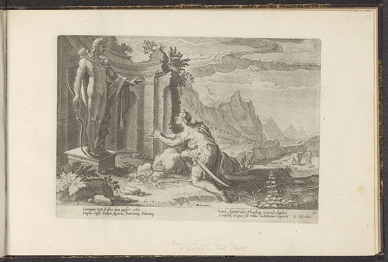 The image is an engraving depicting the myth of Pygmalion and Galatea, a popular theme in classical mythology. In this scene, Pygmalion, a sculptor, kneels before the statue of Galatea, his creation, as it comes to life. The engraving showcases the moment when the statue, animated by the goddess Venus (Aphrodite), responds to Pygmalion’s love. The background features classical ruins and a mountainous landscape, emphasizing the ancient setting. The detailed lines and shading in the engraving capture both the emotional intensity of the moment and the contrast between the lifeless marble and the emerging humanity of Galatea. This artwork likely draws from Renaissance or Baroque interpretations of the myth.