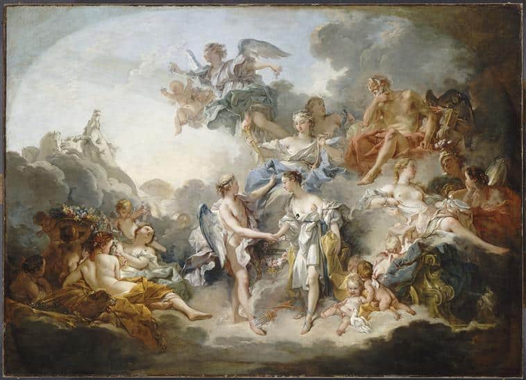 This image is a painting by François Boucher titled "The Marriage of Psyche and Cupid." It portrays a grand and ornate scene from Greek mythology where Psyche and Cupid are united in marriage. The composition is filled with gods and goddesses in a celestial setting, surrounded by cherubs and clouds. The figures are elegantly posed, and the scene is vibrant with soft colors and flowing drapery, emphasizing the romantic and celebratory nature of the moment.